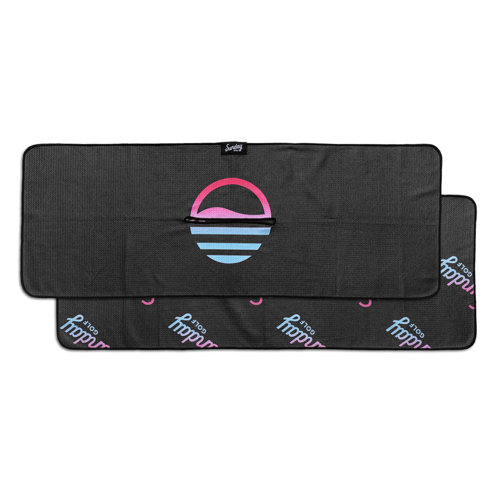 Miami Vice Golf Towel by Sunday Golf black golf towel with blue to pink ombre Sunday Golf Logo
