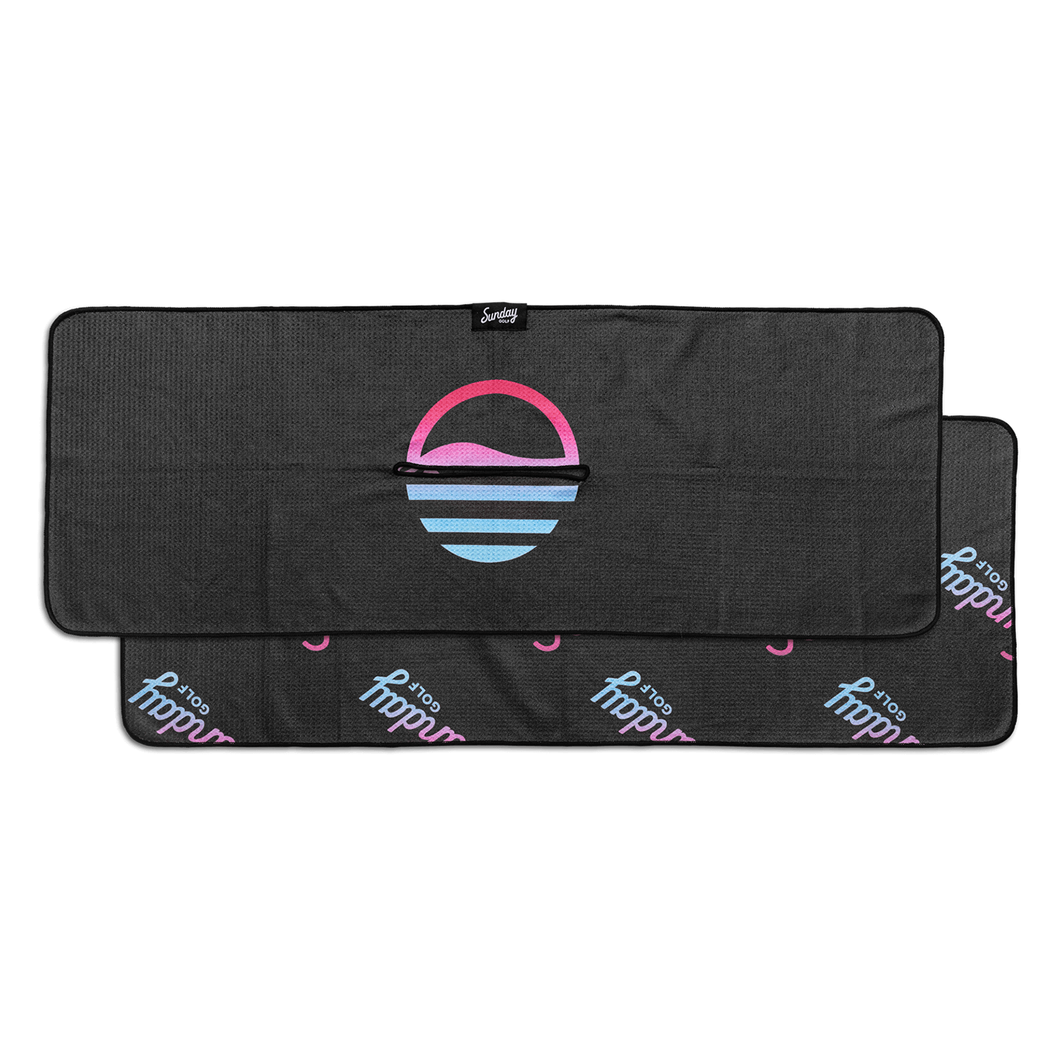 Miami Vice Golf Towel by Sunday Golf black golf towel with blue to pink ombre Sunday Golf Logo