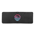 Front view of black golf towel with ombre pink and teal colors
