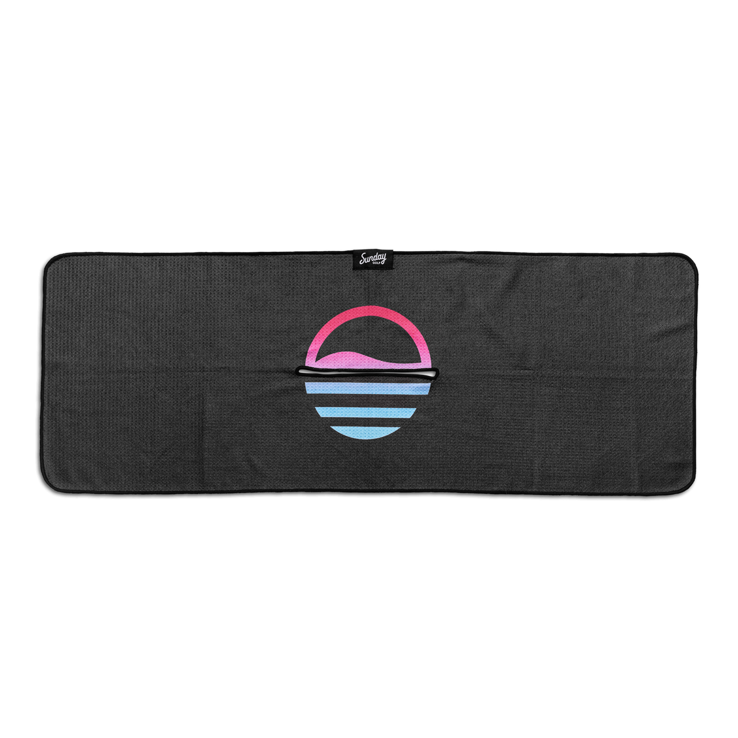 Front view of black golf towel with ombre pink and teal colors