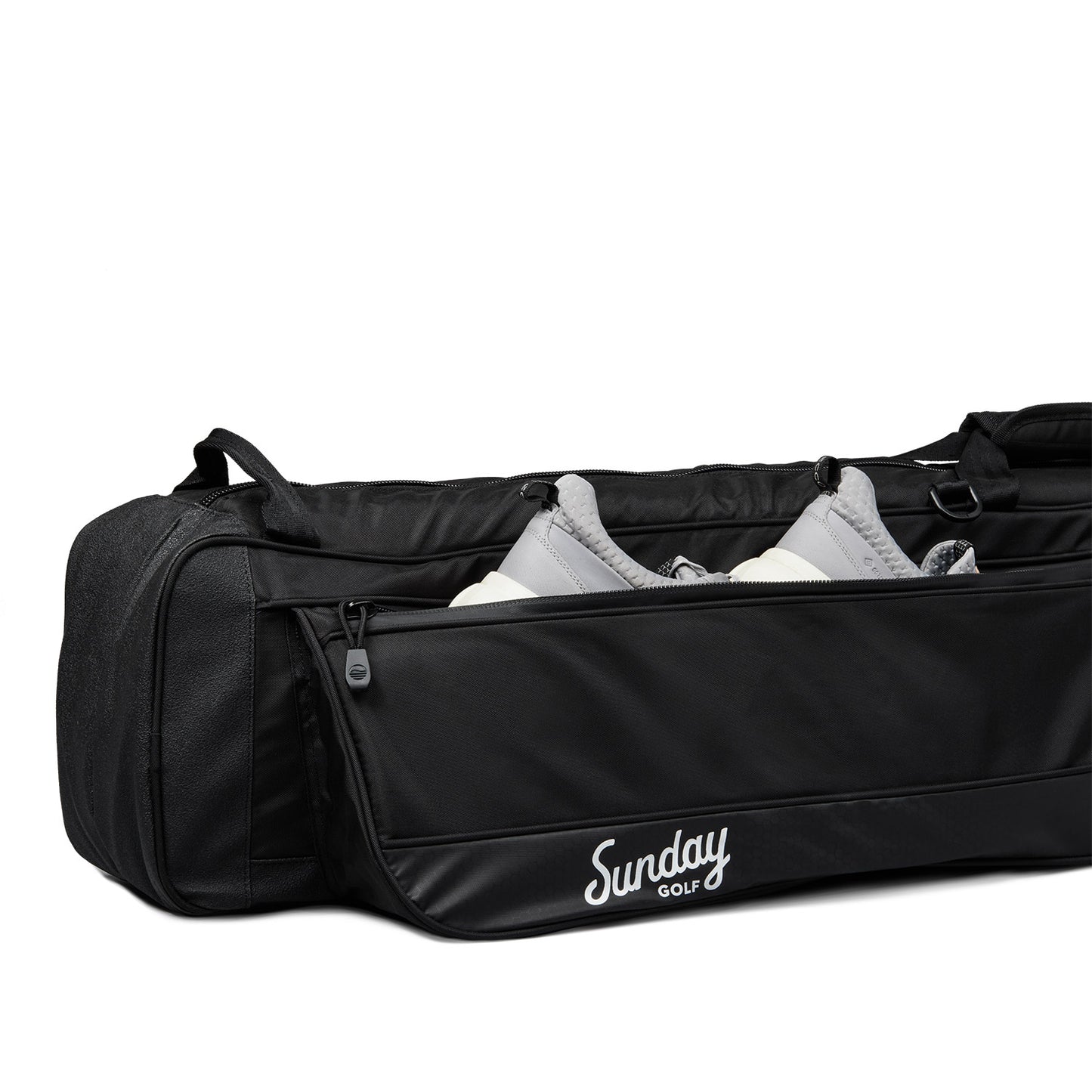 A close up shot showing shows fitting inside the mule travel golf bag