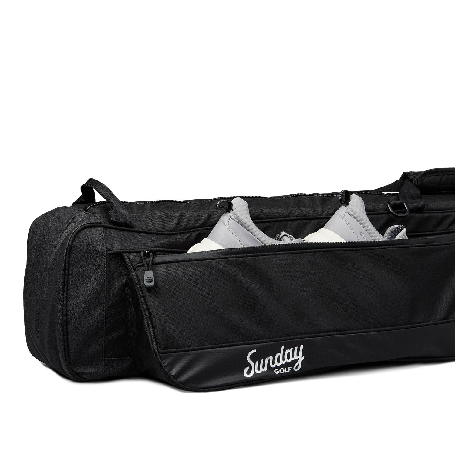 A close up shot showing shows fitting inside the mule travel golf bag