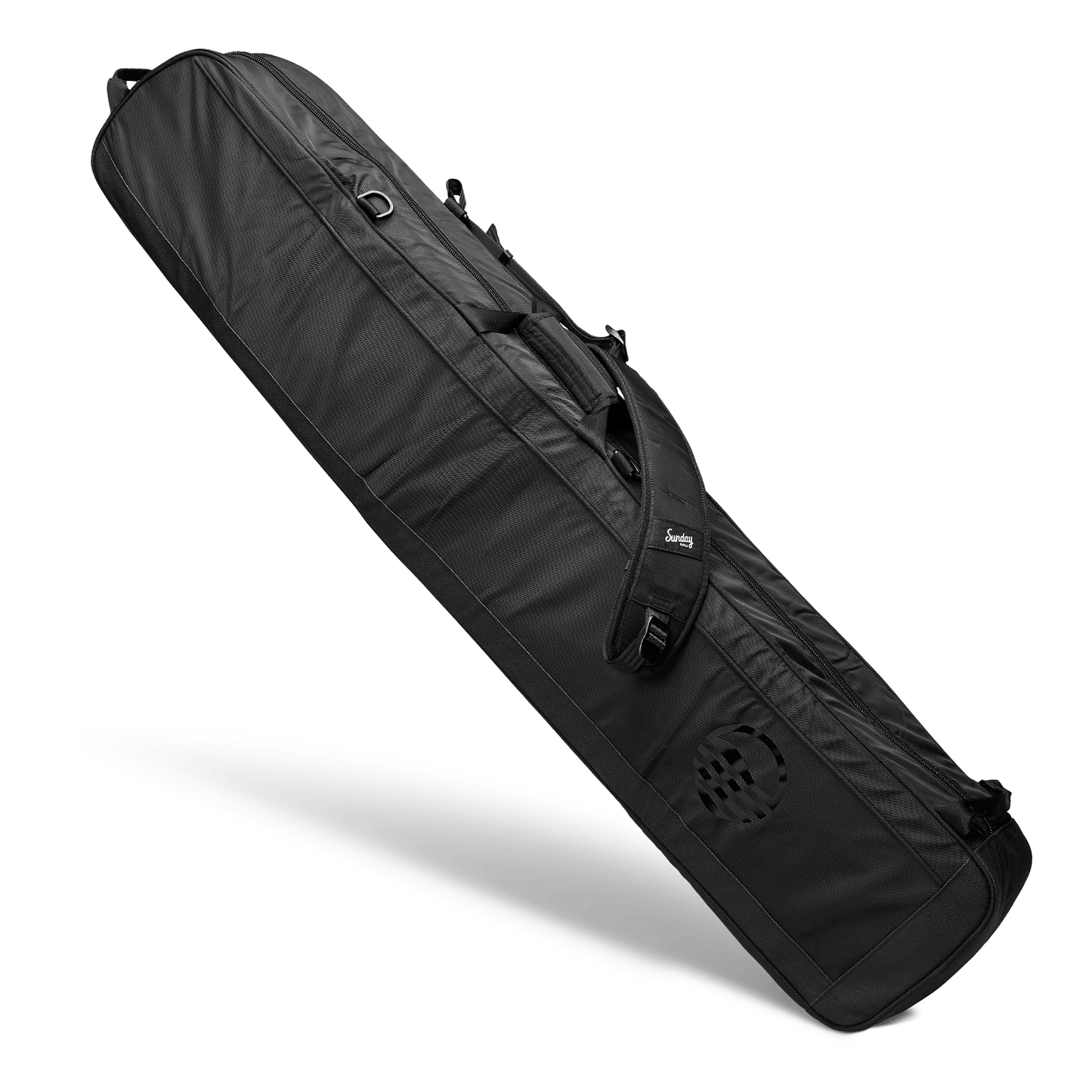 Rear view of the mule travel golf bag with gloss black logo