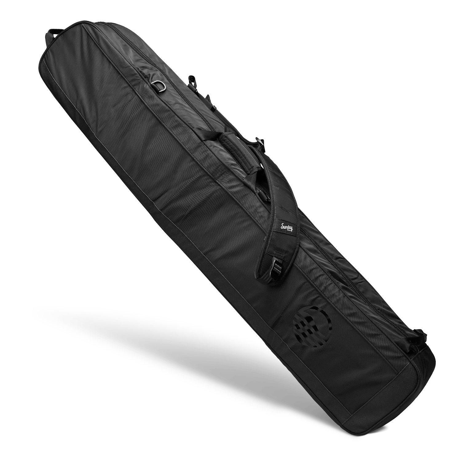 Rear view of the mule travel golf bag with gloss black logo