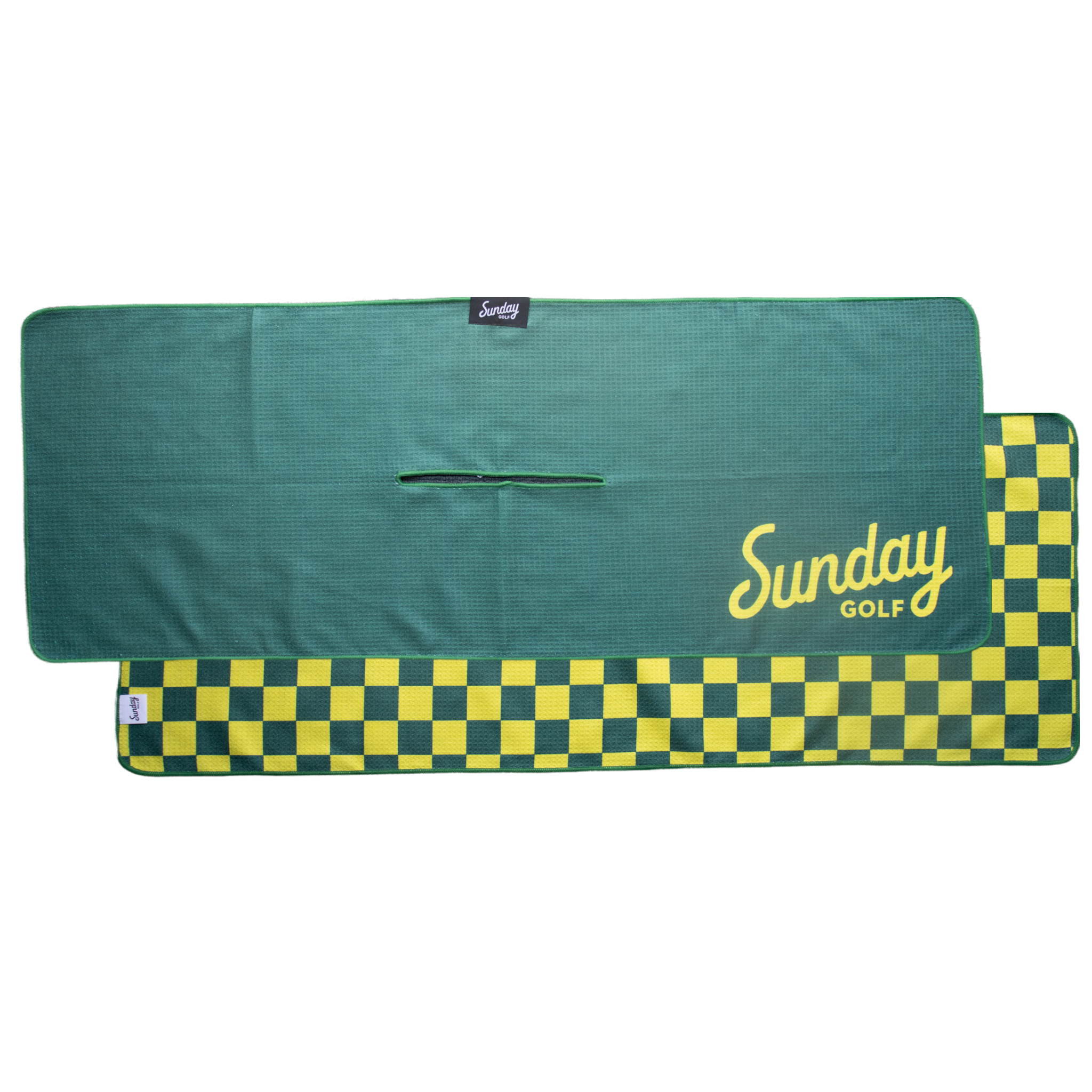 Front and back view of green and yellow tailgate golf towel
