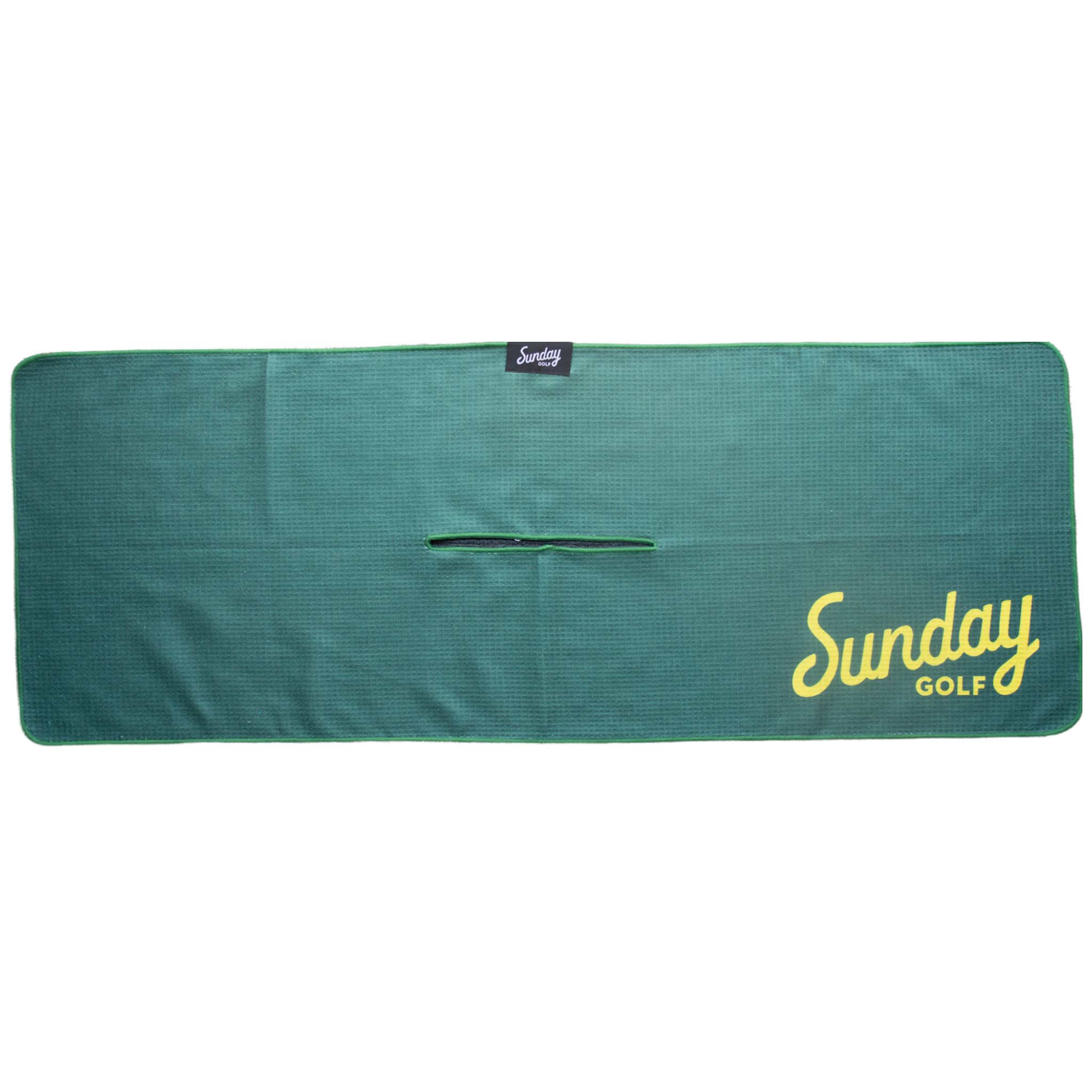 Front view of green and yellow tailgate golf towel