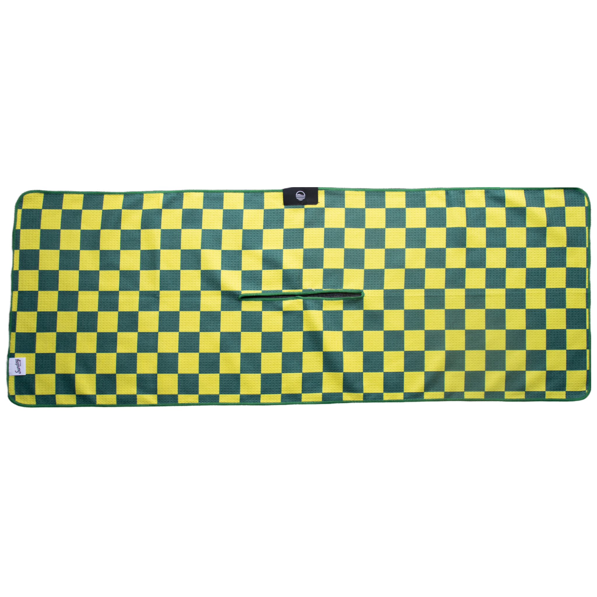 Back view of green and yellow tailgate golf towel