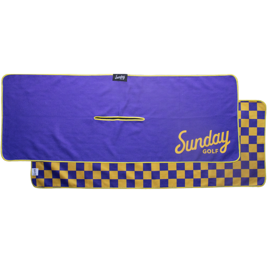 Front and back view of Kobe Bayou purple and yellow tailgate golf towel