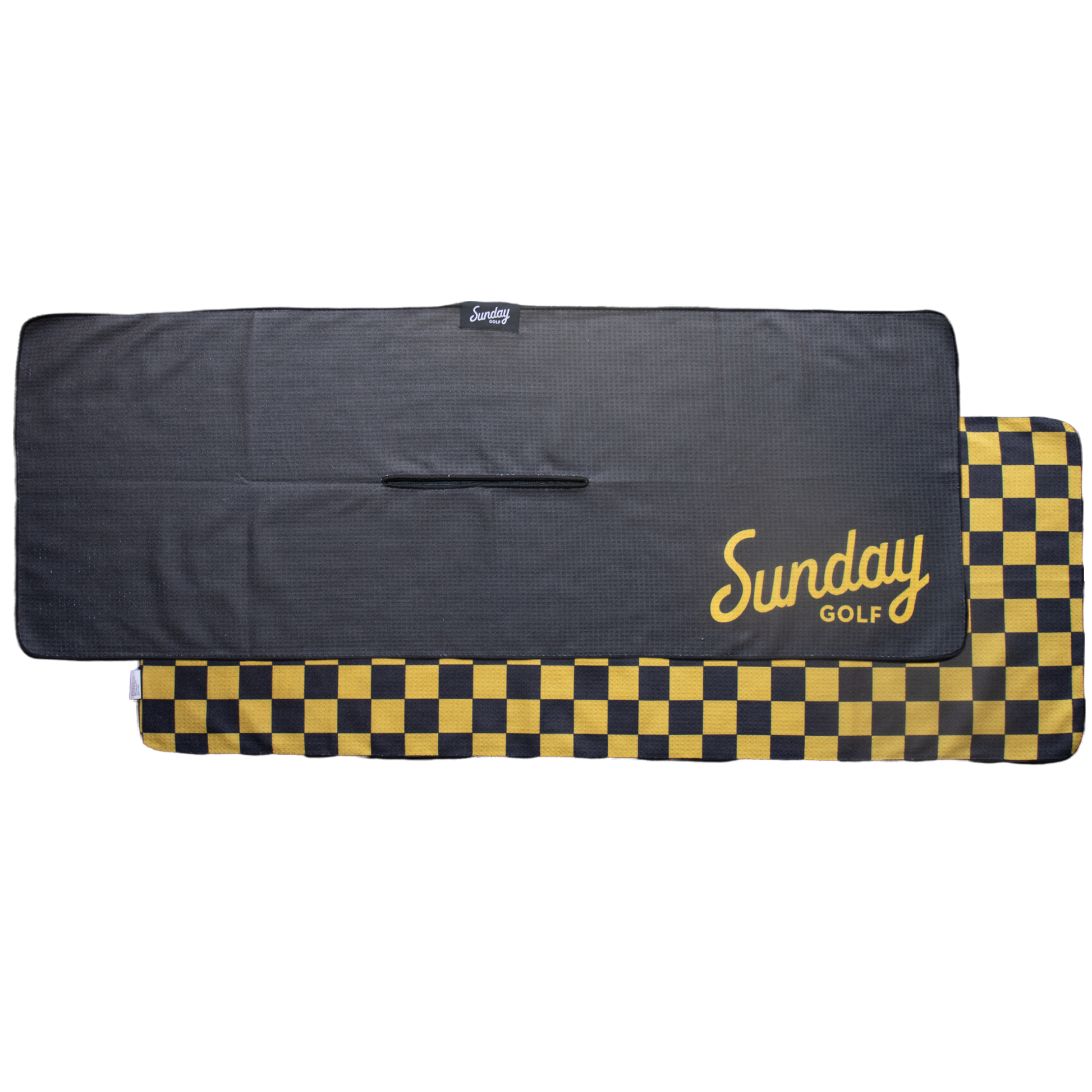 Front and back view of black and yellow tailgate golf towel