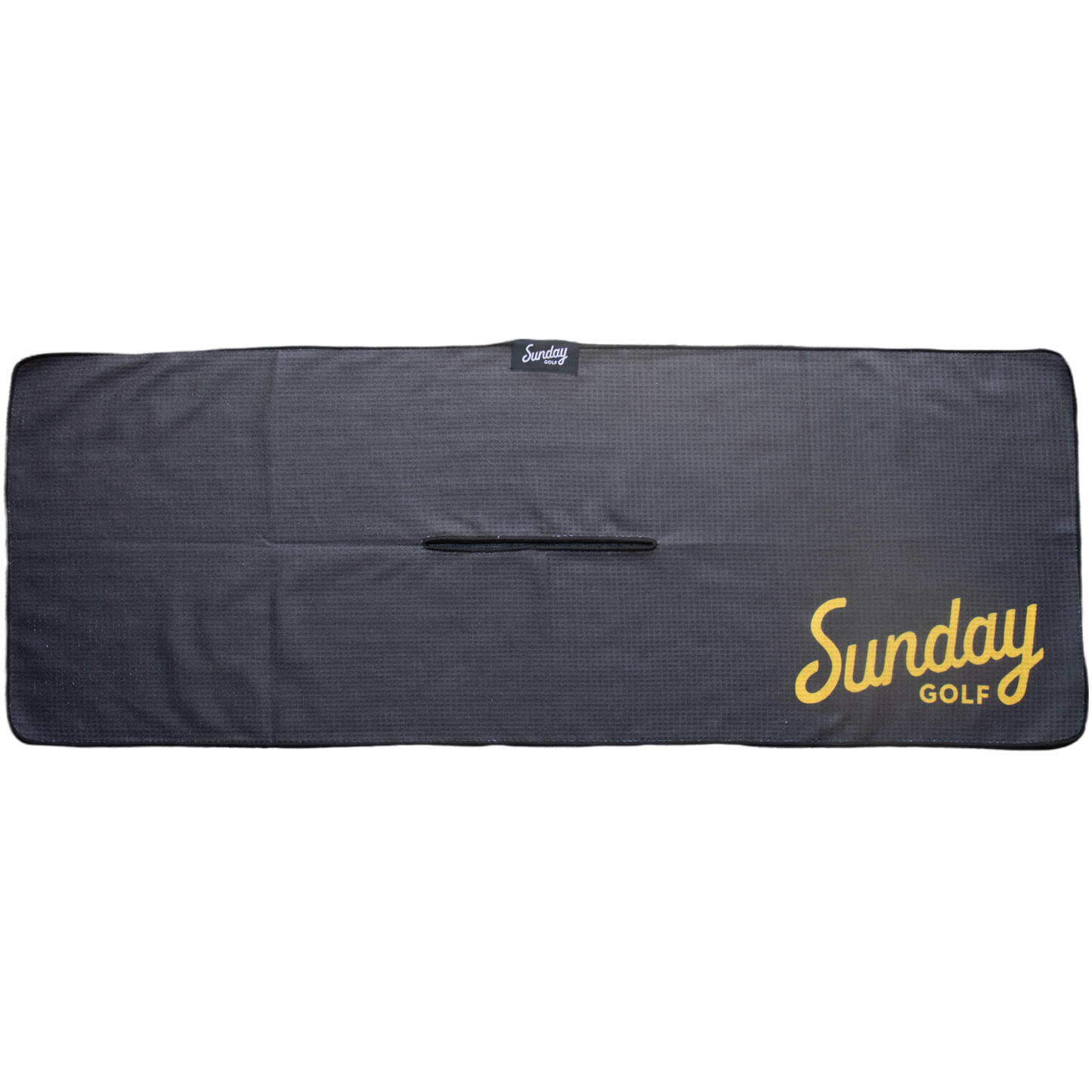 Front view of black and yellow tailgate golf towel