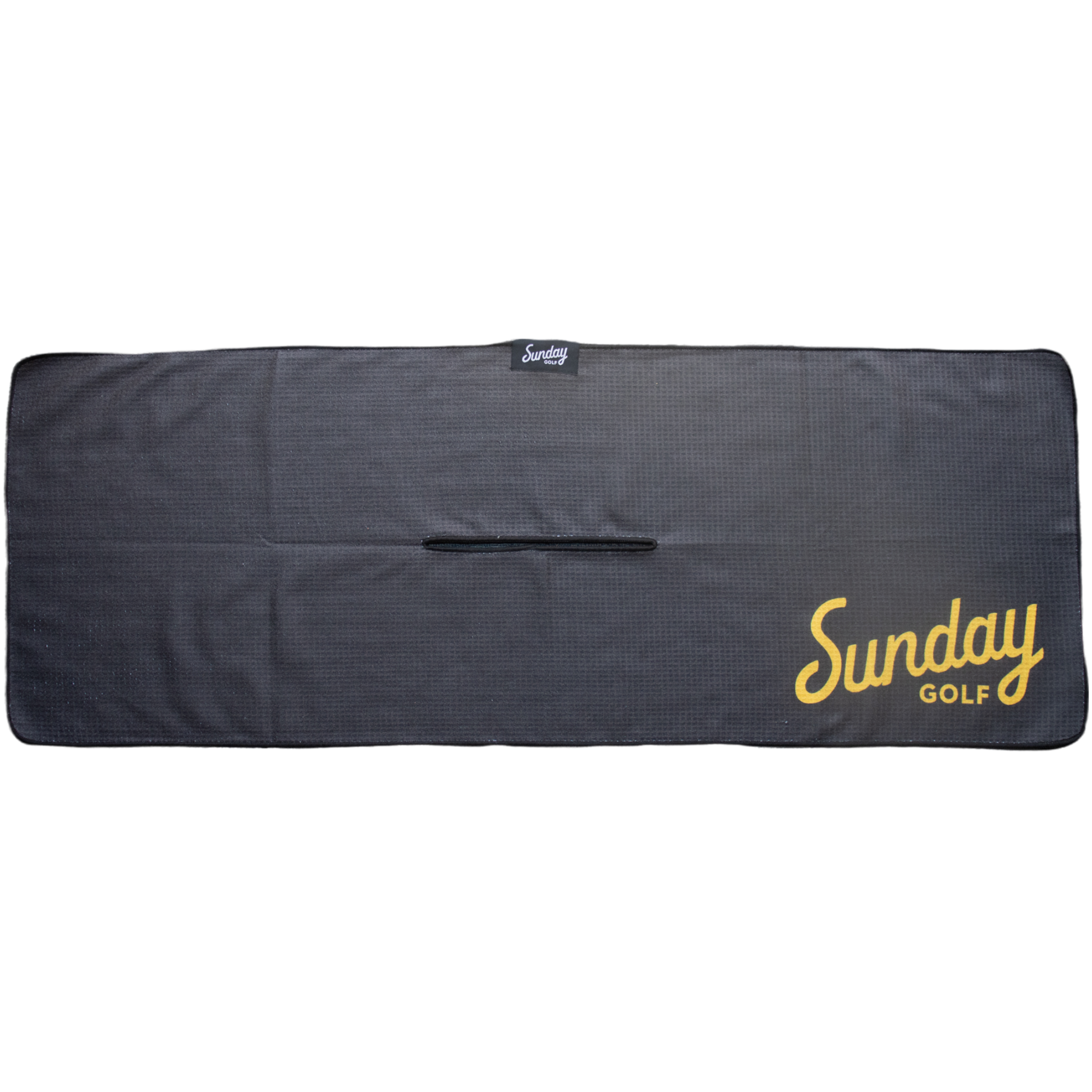 Front view of black and yellow tailgate golf towel