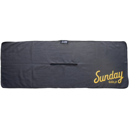 Front view of black and yellow tailgate golf towel