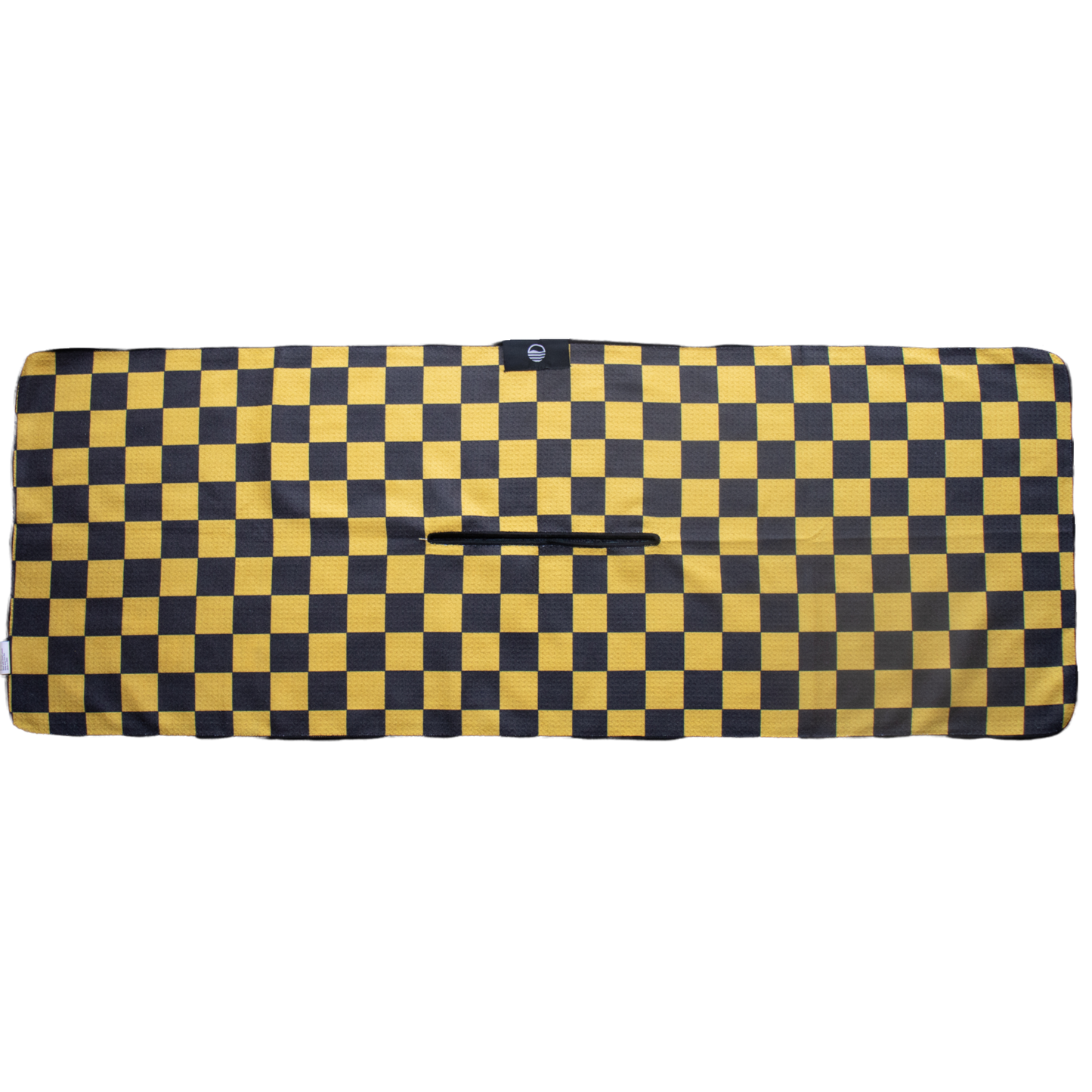 Back view of black and yellow tailgate golf towel