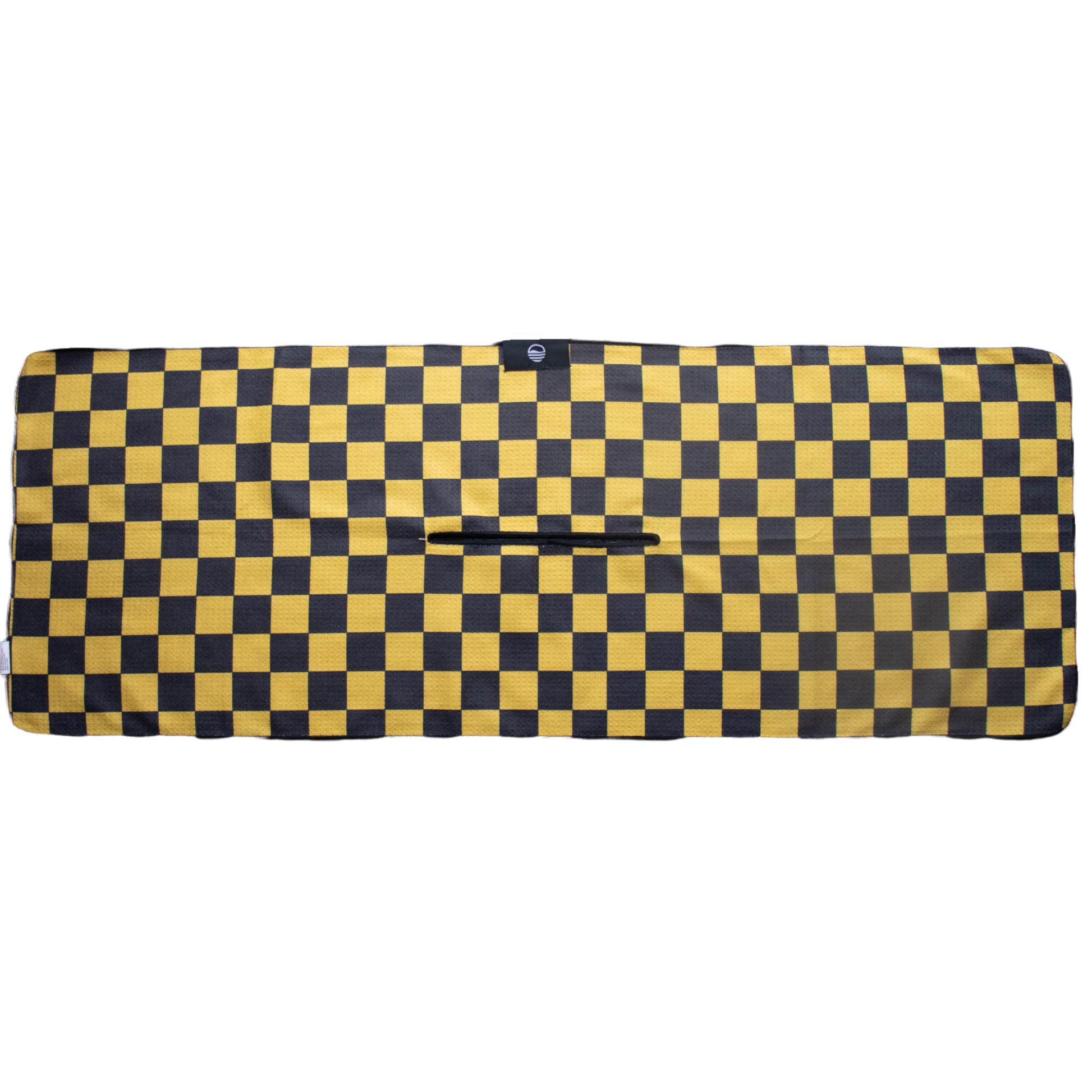 Back view of black and yellow tailgate golf towel
