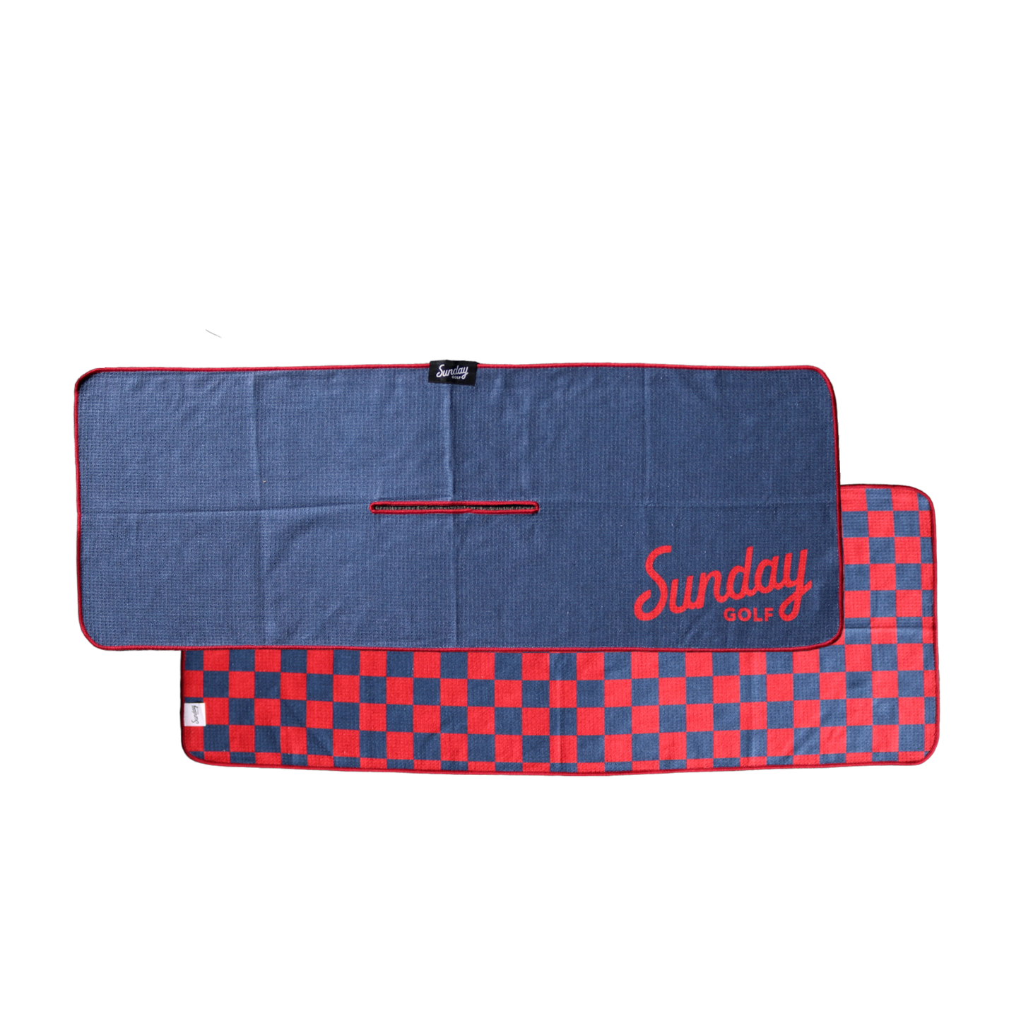 Front and back view of red and navy checkered tailgate golf towel