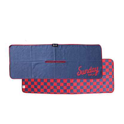 Front and back view of red and navy checkered tailgate golf towel