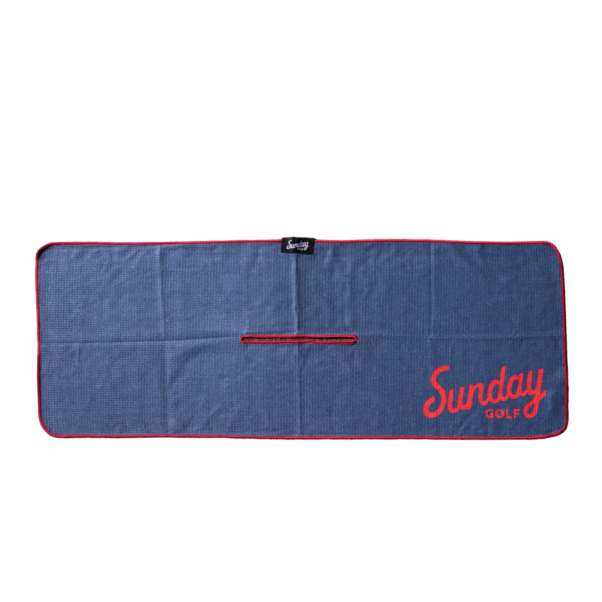 Front view of red and navy checkered tailgate golf towel