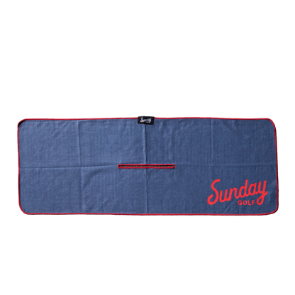Front view of red and navy checkered tailgate golf towel