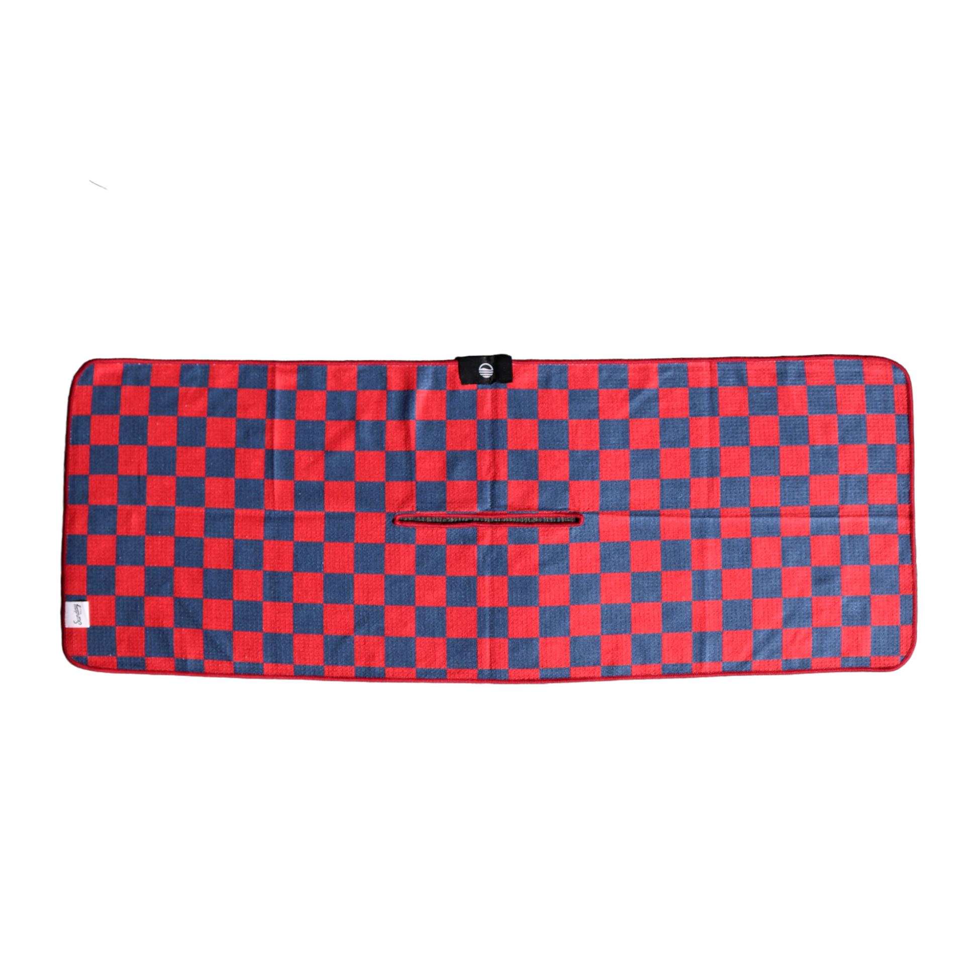 Back view of red and navy checkered tailgate golf towel