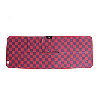 Back view of red and navy checkered tailgate golf towel