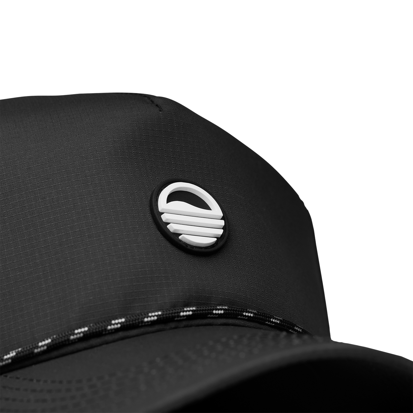 Close up shot of black Porter Lite golf hat showing Sunday Golf logo