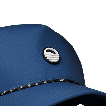 Close up shot of navy Porter Lite golf hat showing Sunday Golf logo