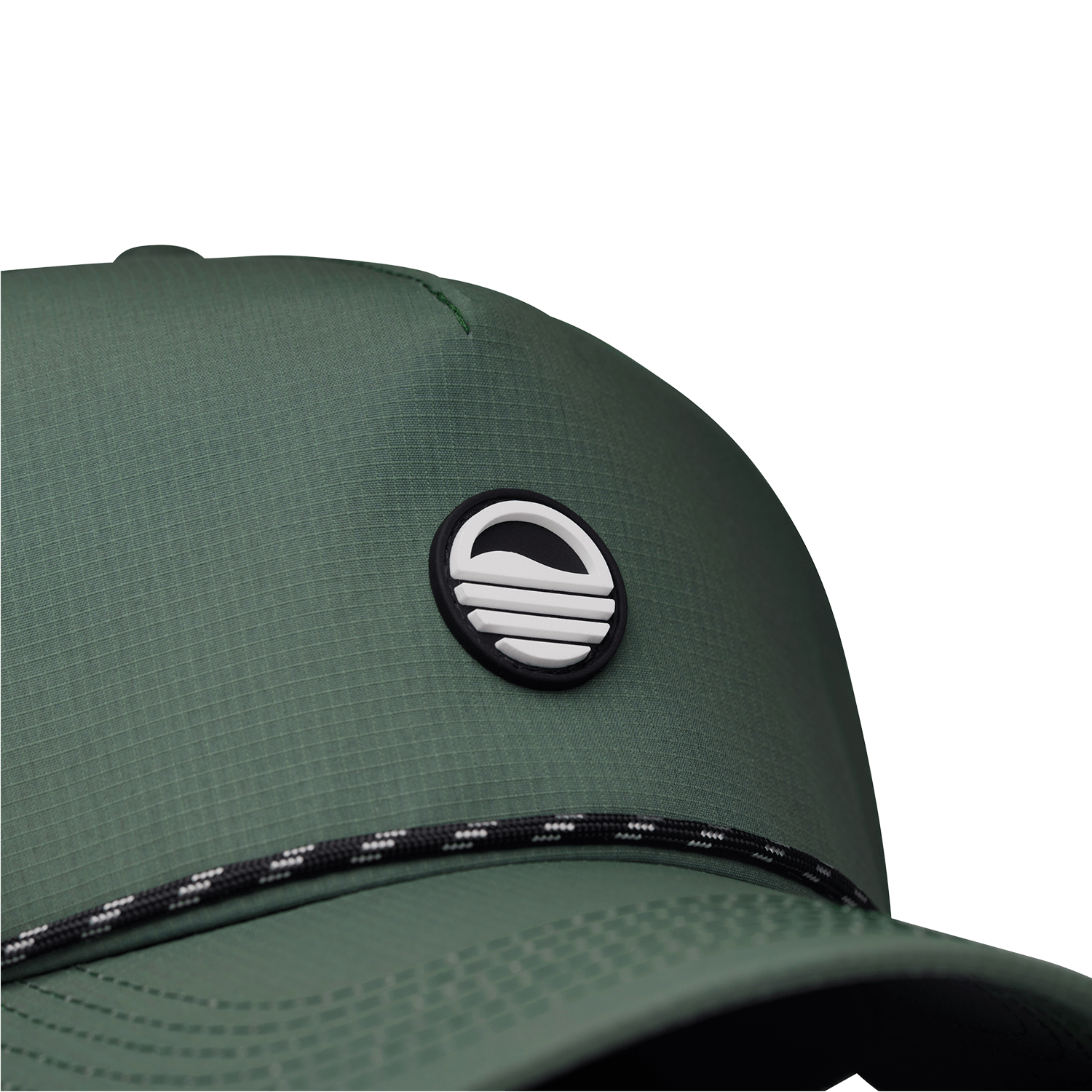 Close up shot of olive green Porter Lite golf hat showing Sunday Golf logo