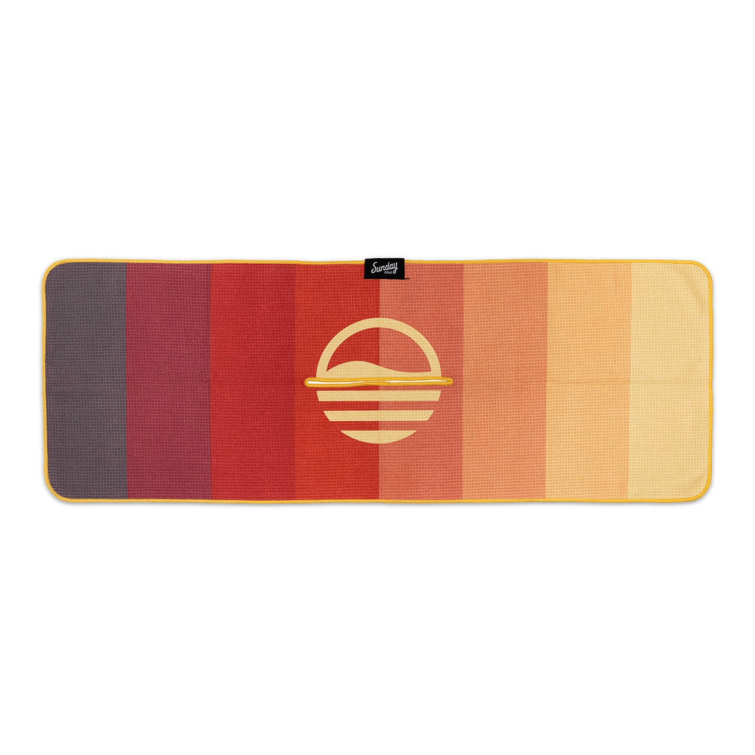Front view of brown red and yellow striped golf towel