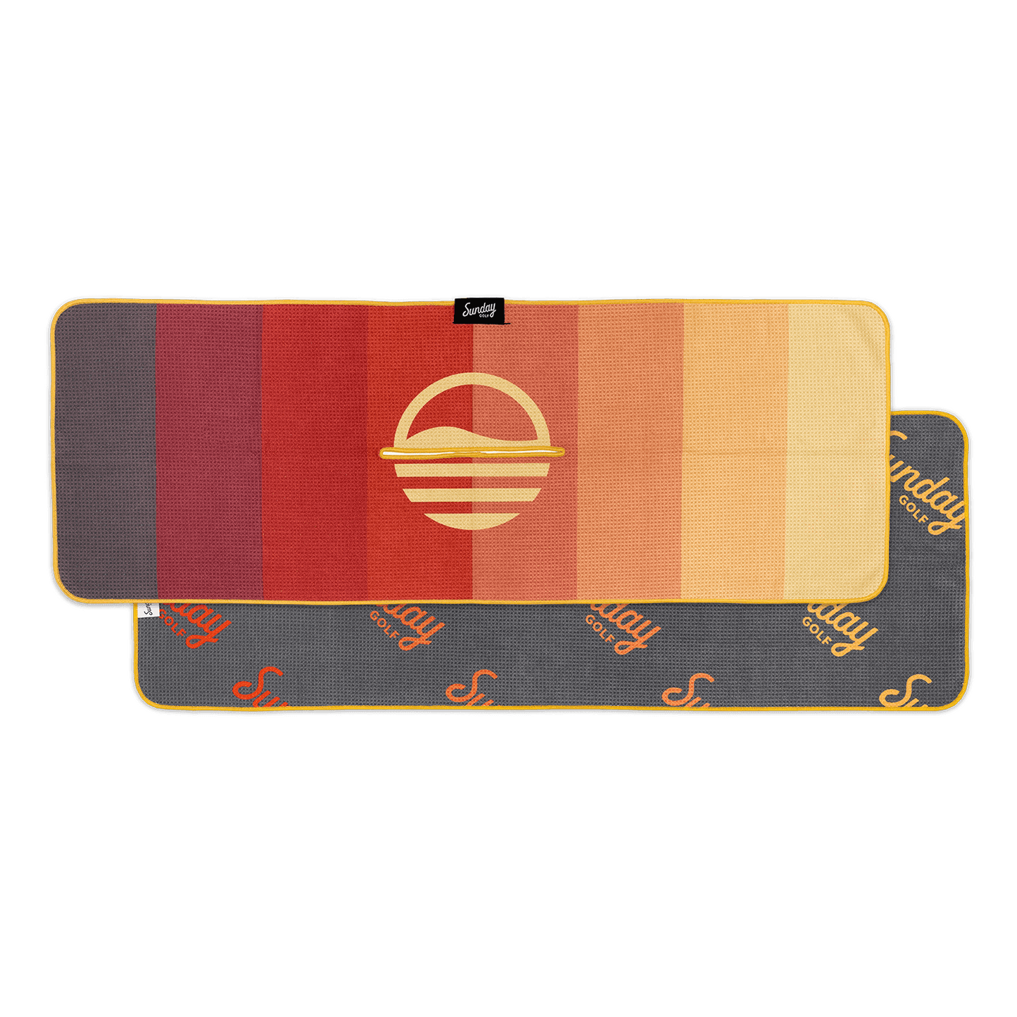 Front and back view of brown red and yellow striped golf towel