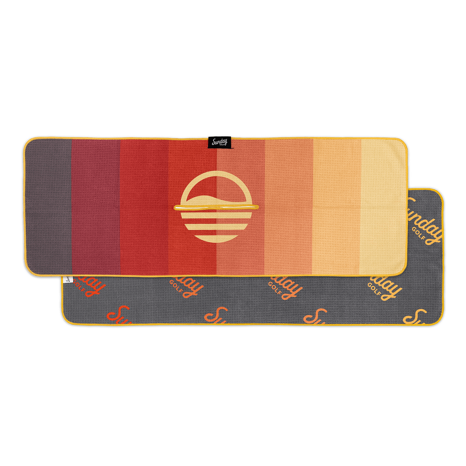 Front and back view of brown red and yellow striped golf towel