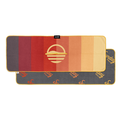 Front and back view of brown red and yellow striped golf towel