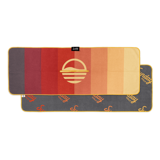 Front and back view of brown red and yellow striped golf towel