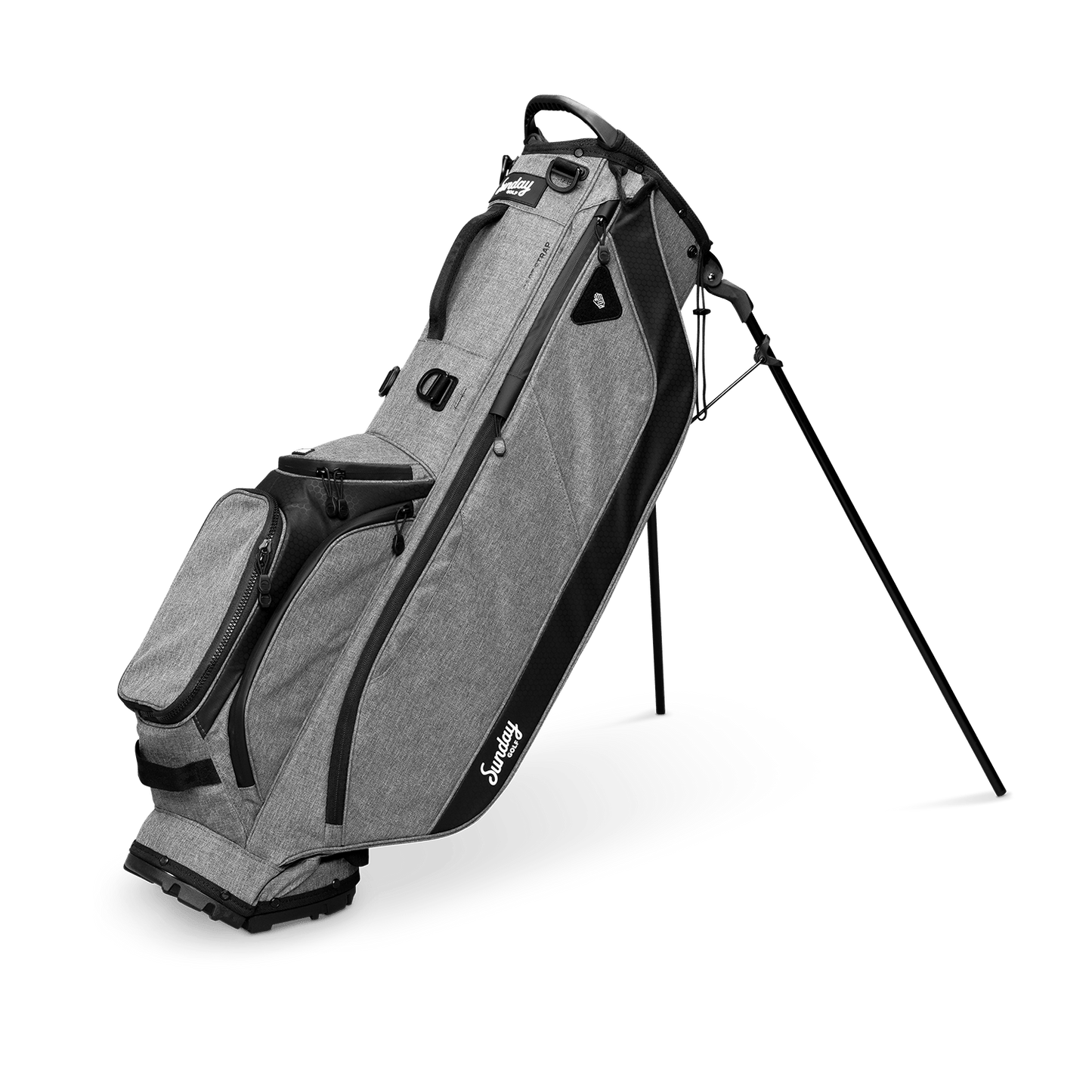 A full shot of standing Ryder golf bag in heather gray facing forward