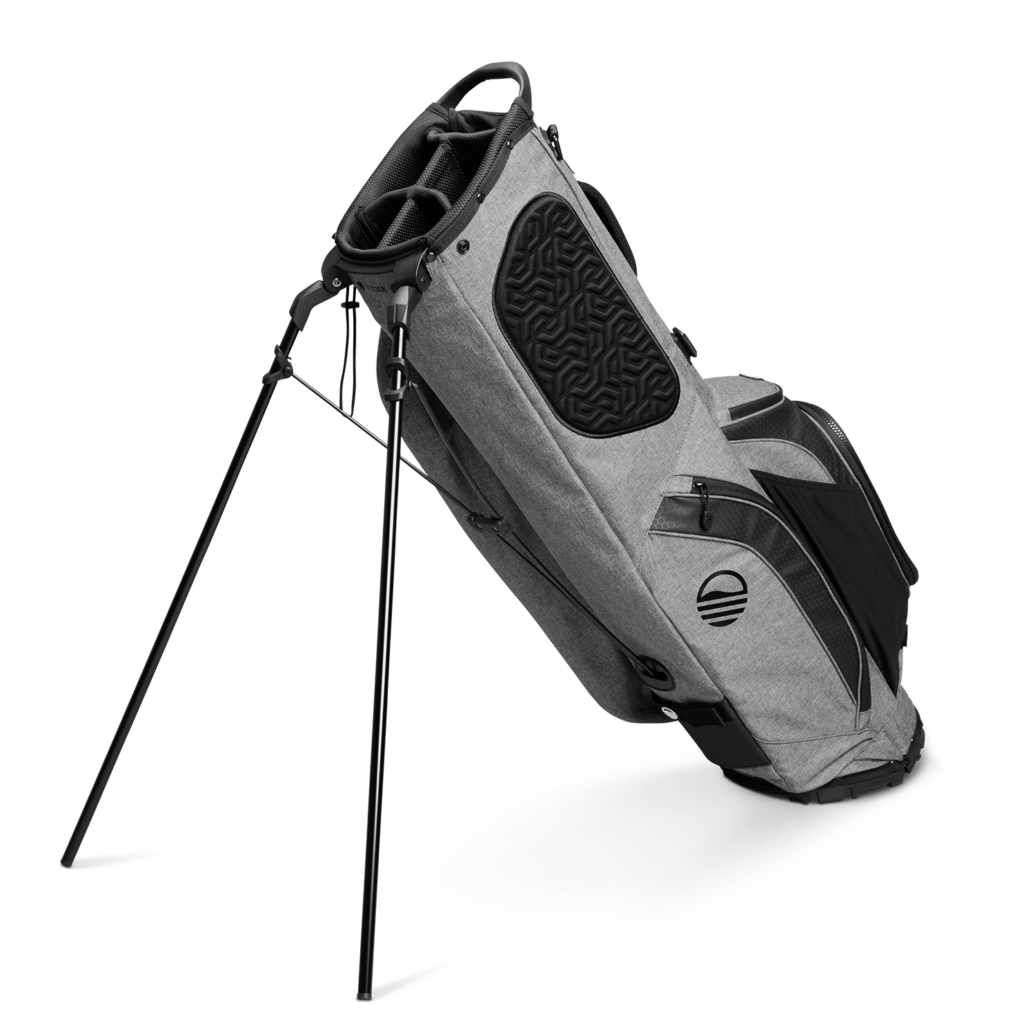 A full shot of standing Ryder golf bag in heather gray facing backward
