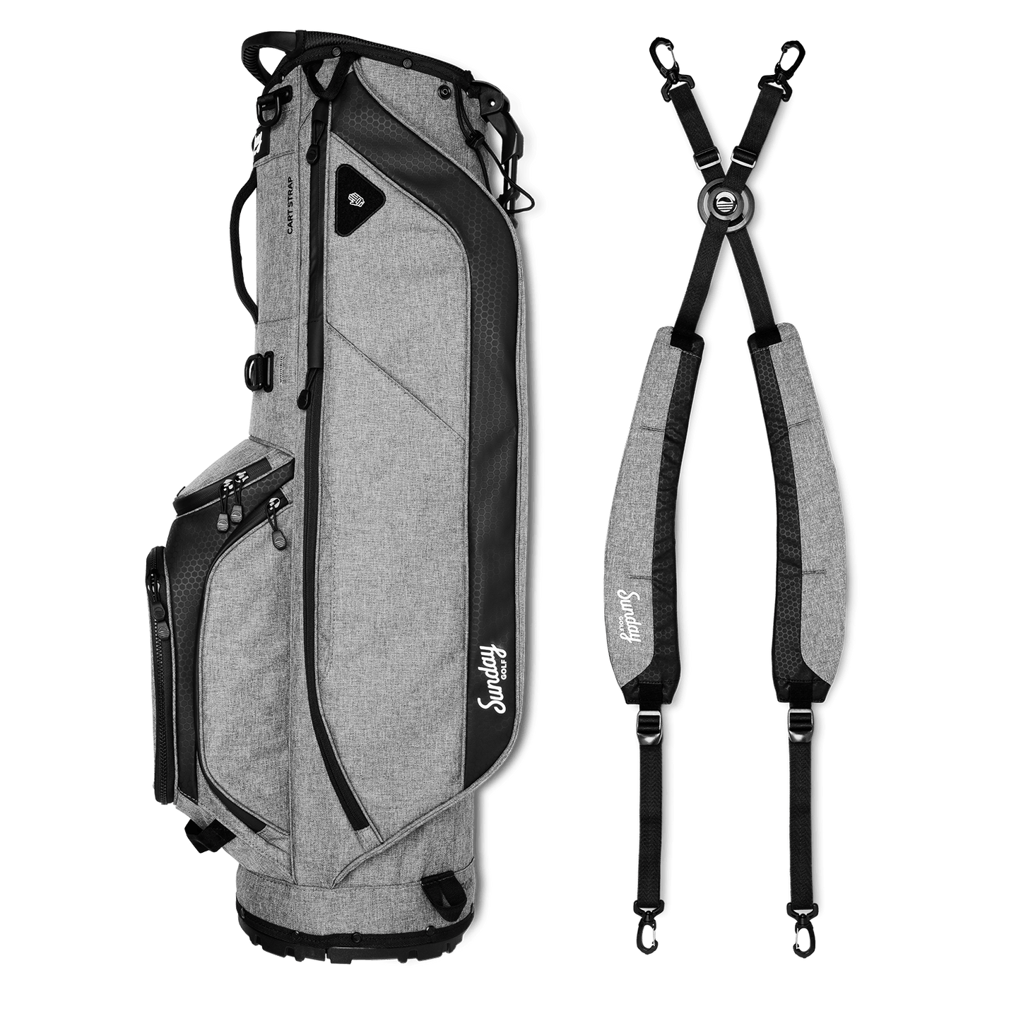 A full shot of Ryder golf bag in heather gray laying flat sideways beside its double strap