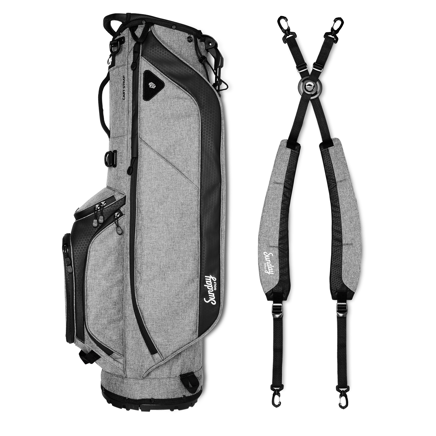 A full shot of Ryder golf bag in heather gray laying flat sideways beside its double strap