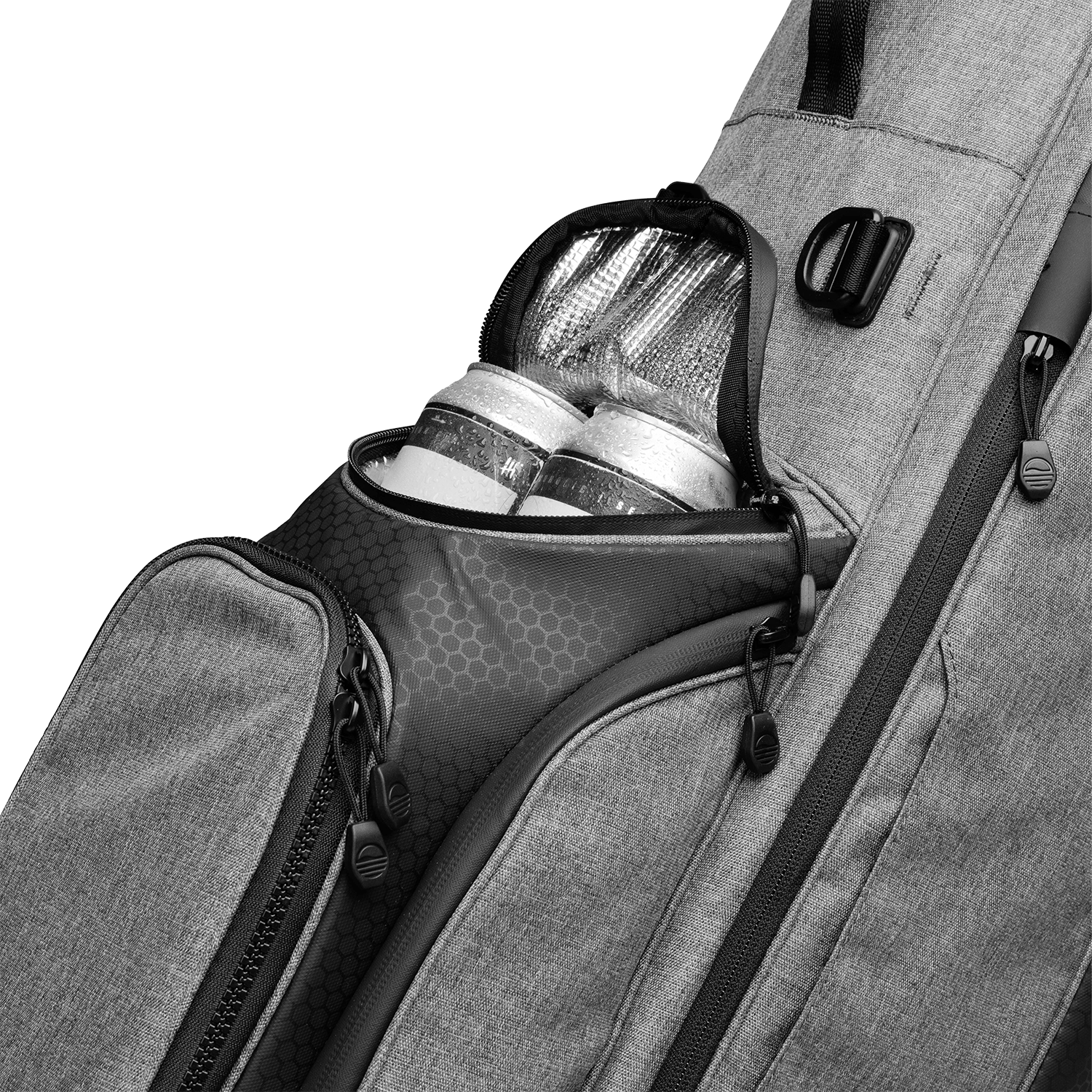 A close up shot of heather gray Ryder golf bag's frosty pocket with canned drinks inside