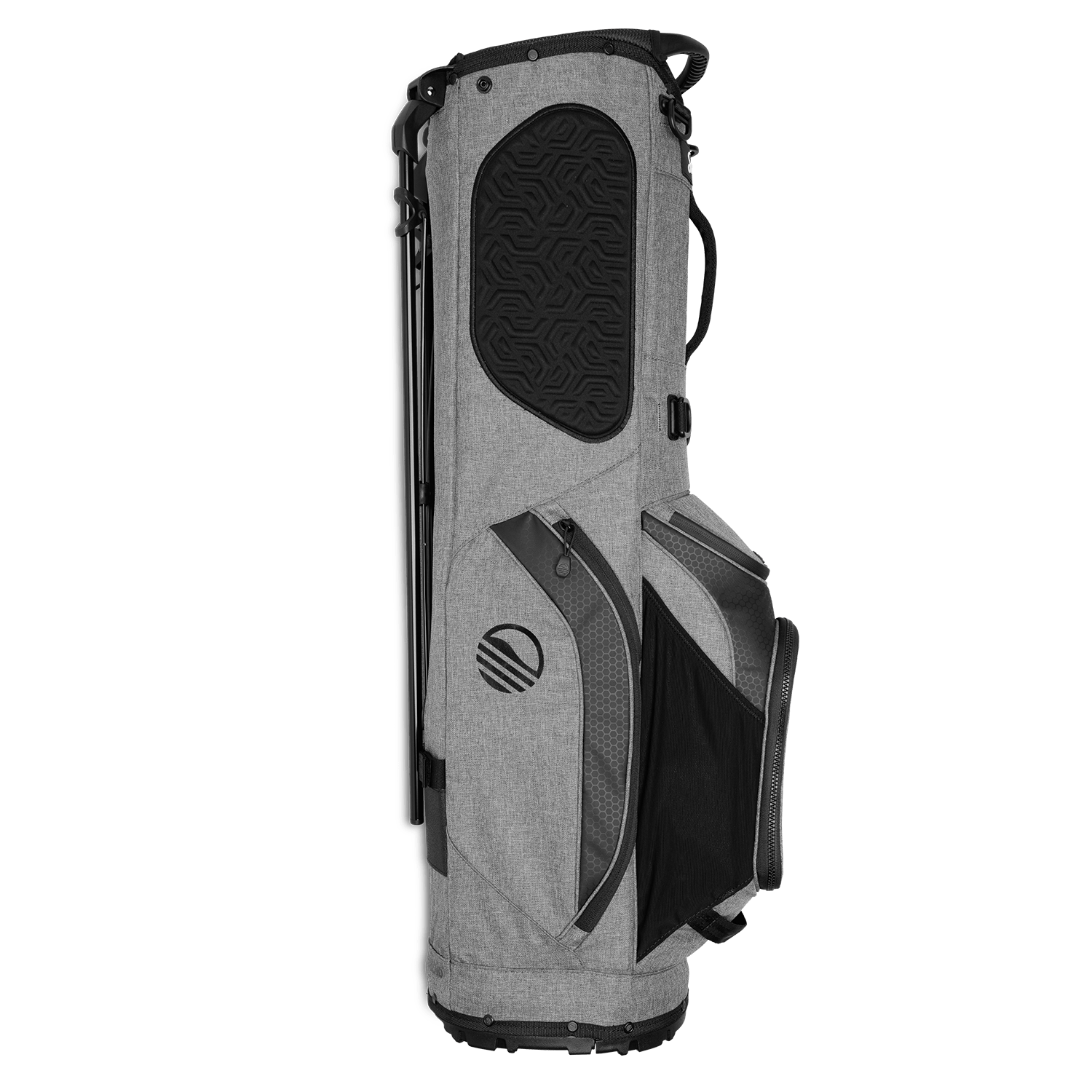 Side view of the hip panel on Ryder golf bag in heather gray