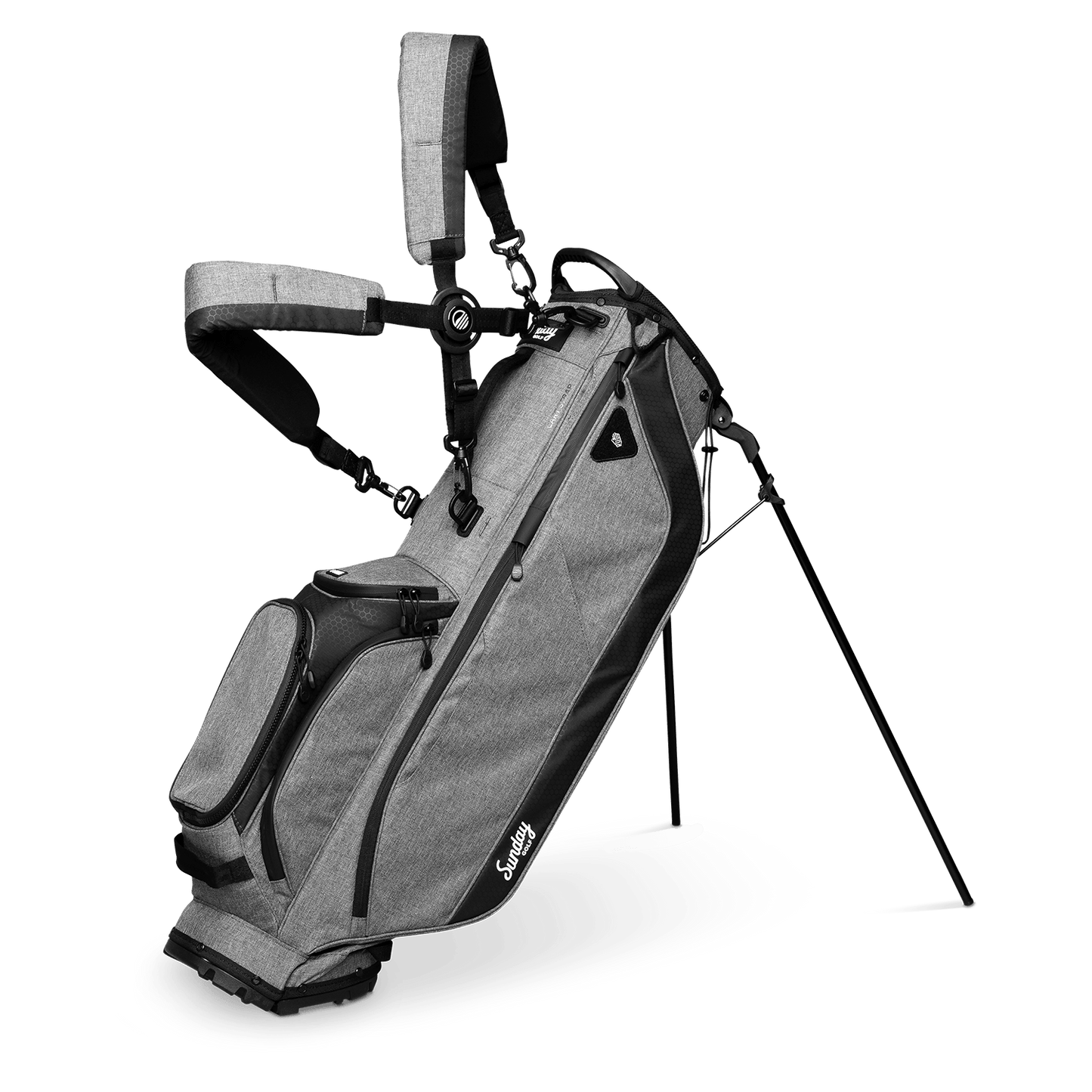 A full front shot of standing Ryder golf bag in heather gray with double strap