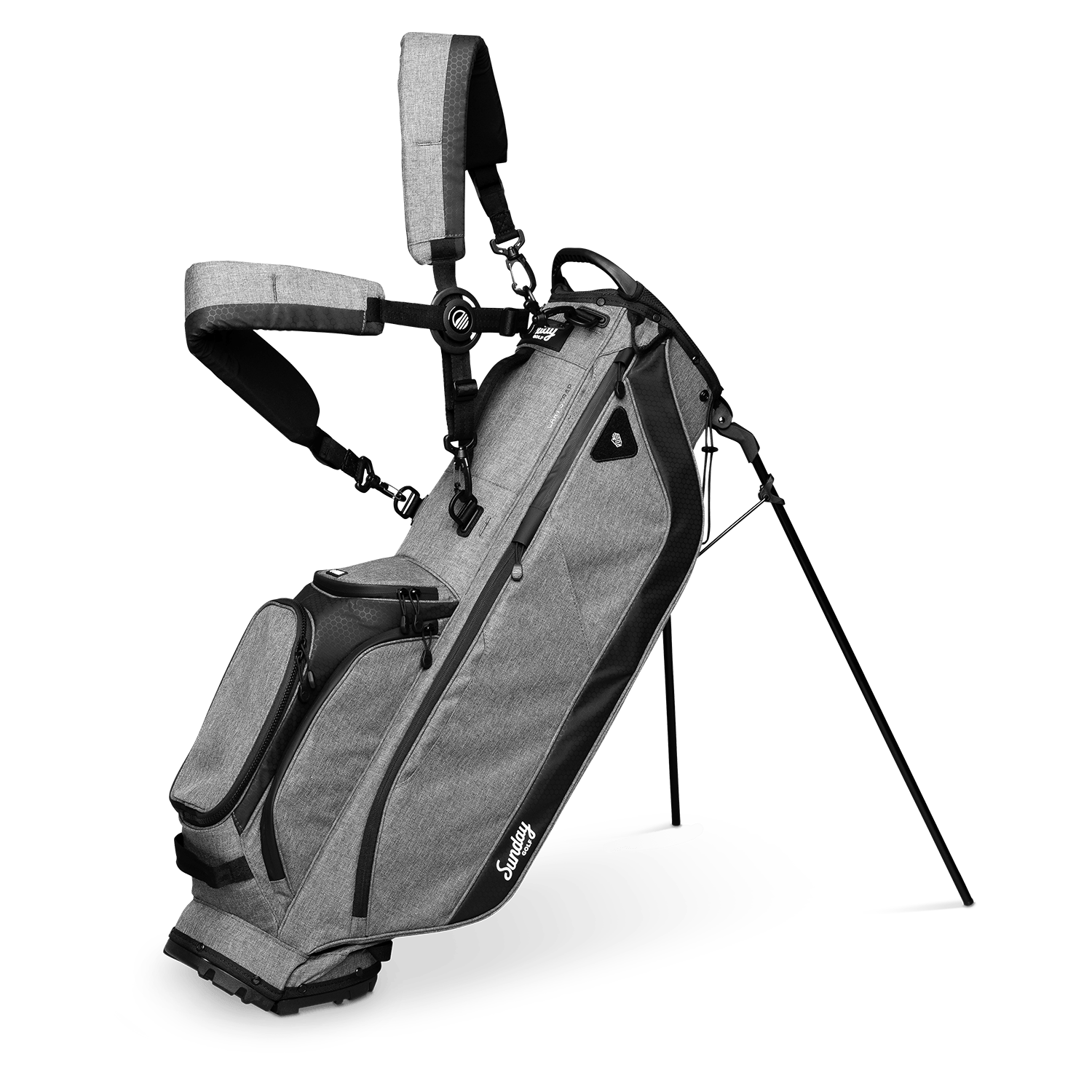 A full front shot of standing Ryder golf bag in heather gray with double strap