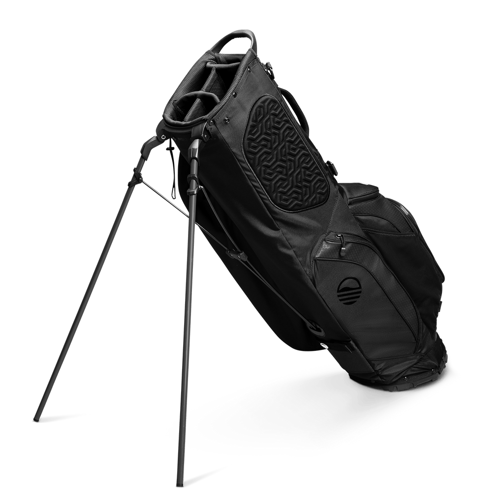 A full shot of standing Ryder golf bag in matte black facing backward