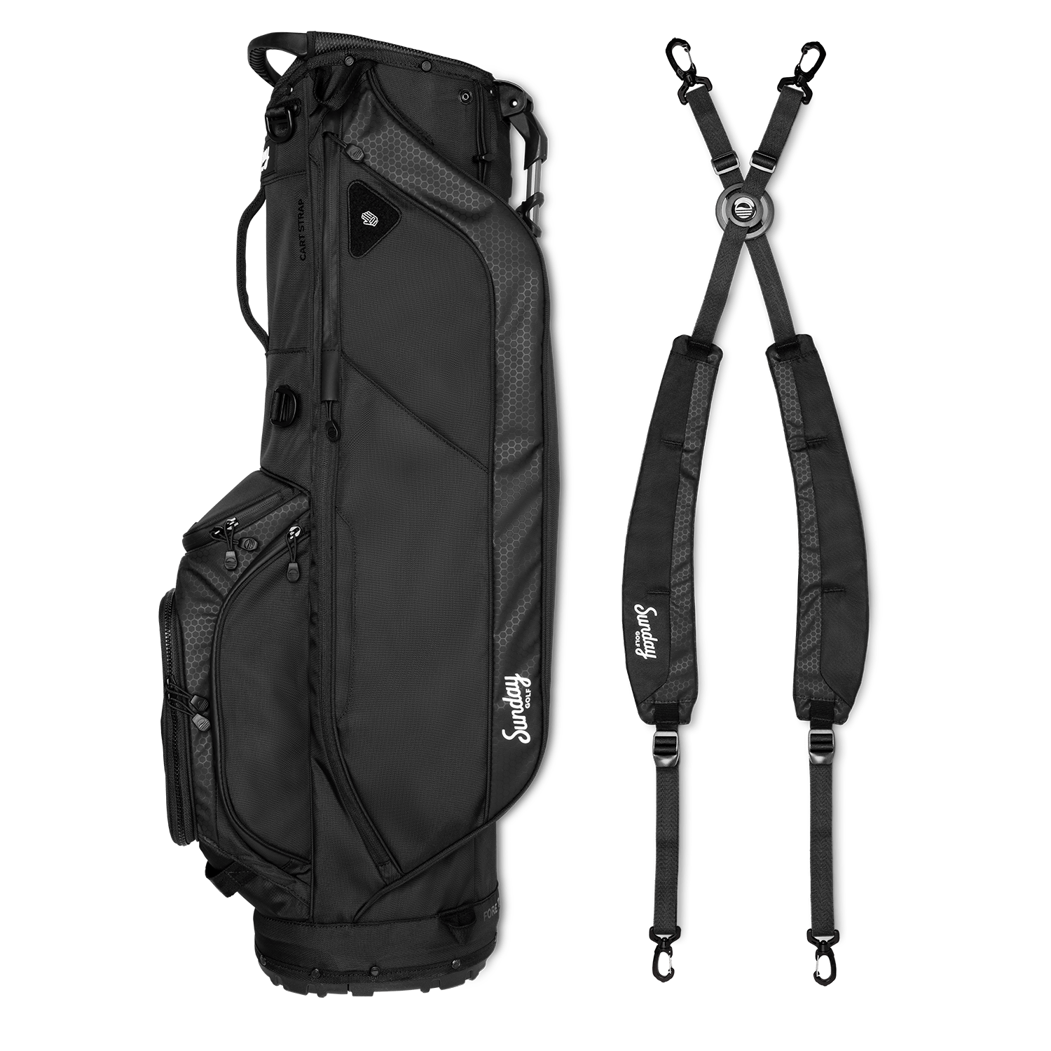 A full shot of Ryder golf bag in matte black laying flat sideways beside its double strap