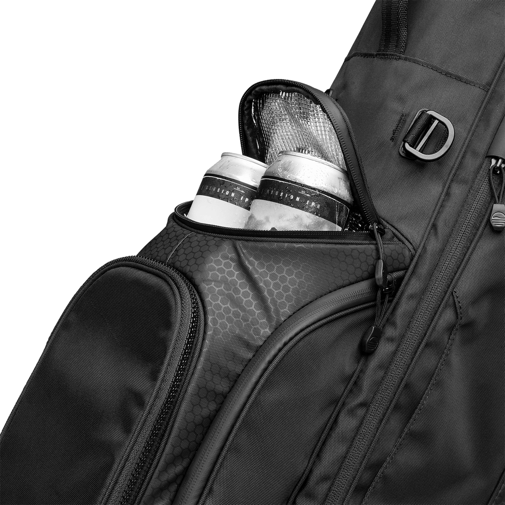A close up shot of matte black Ryder golf bag's frosty pocket with canned drinks inside