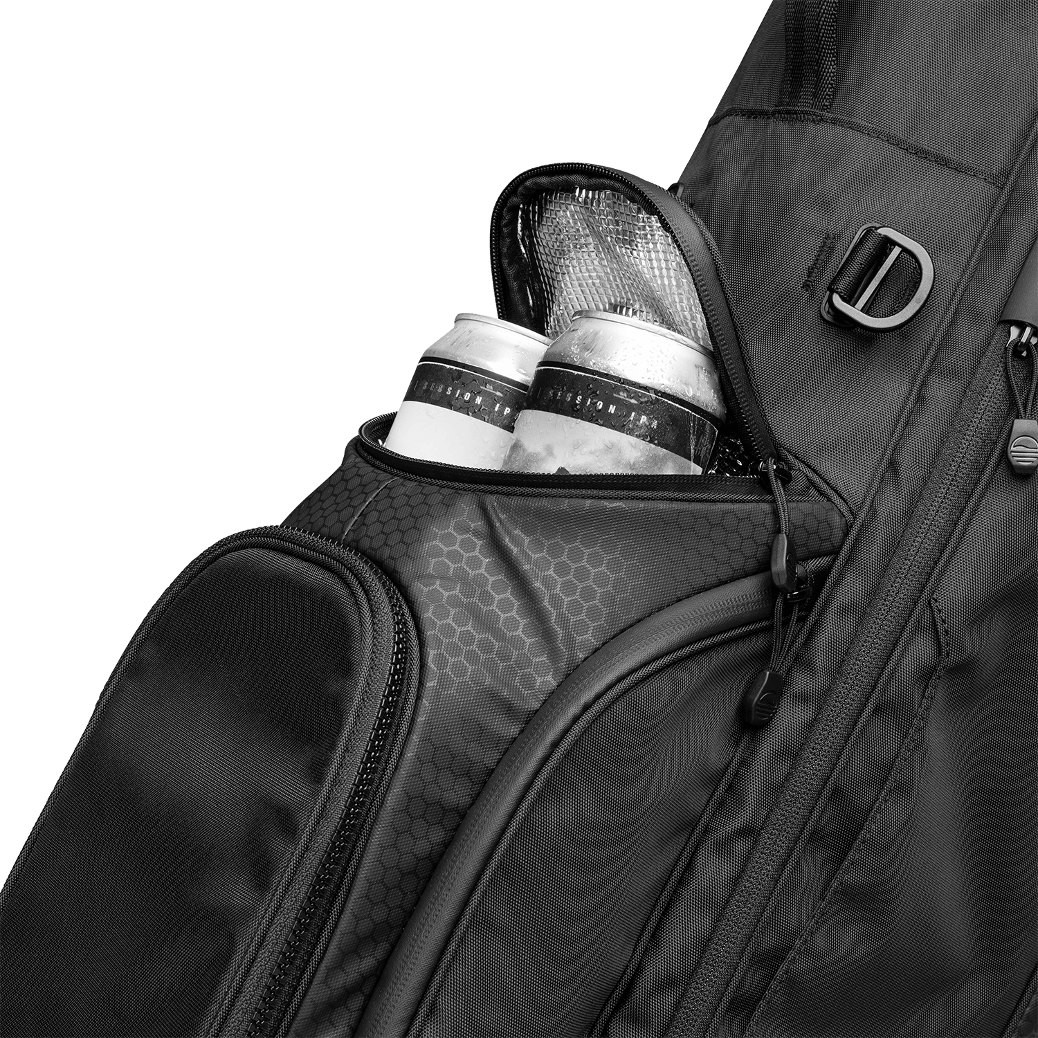 A close up shot of matte black Ryder golf bag's frosty pocket with canned drinks inside