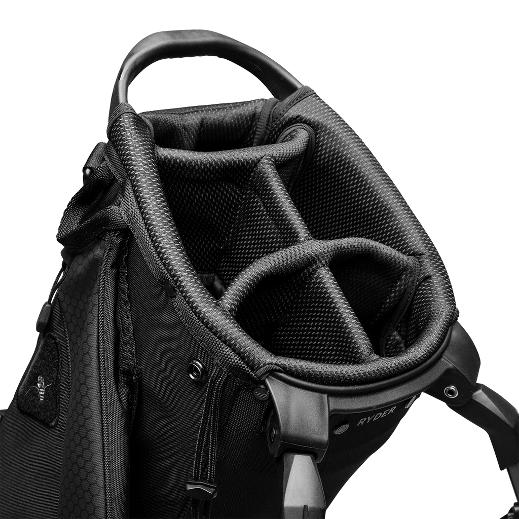 A close up top view of a matte black Ryder golf bag’s 5-way divider