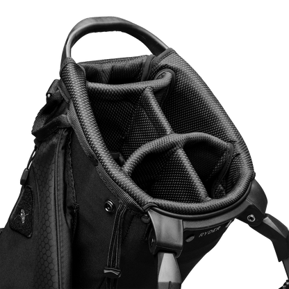 A close up top view of a matte black Ryder golf bag’s 5-way divider