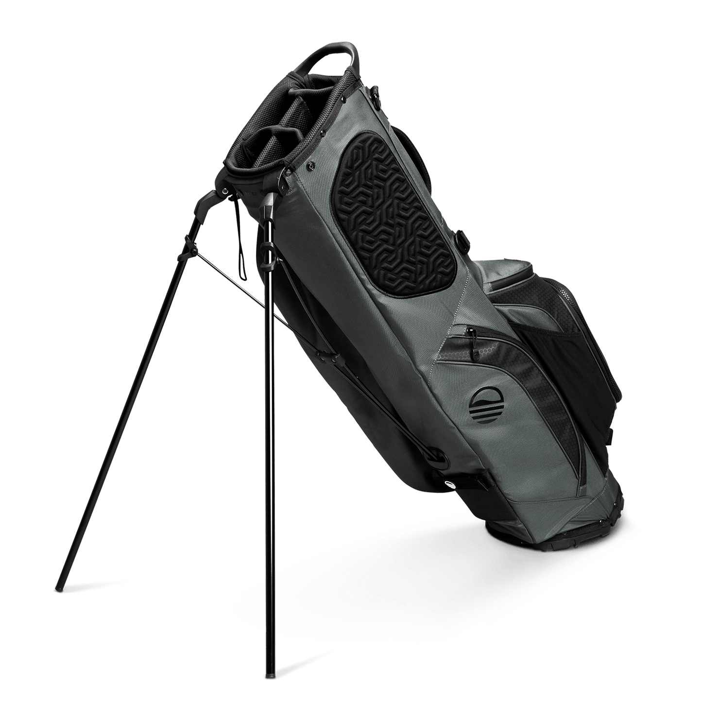 A full shot of standing Ryder golf bag in midnight green facing backward