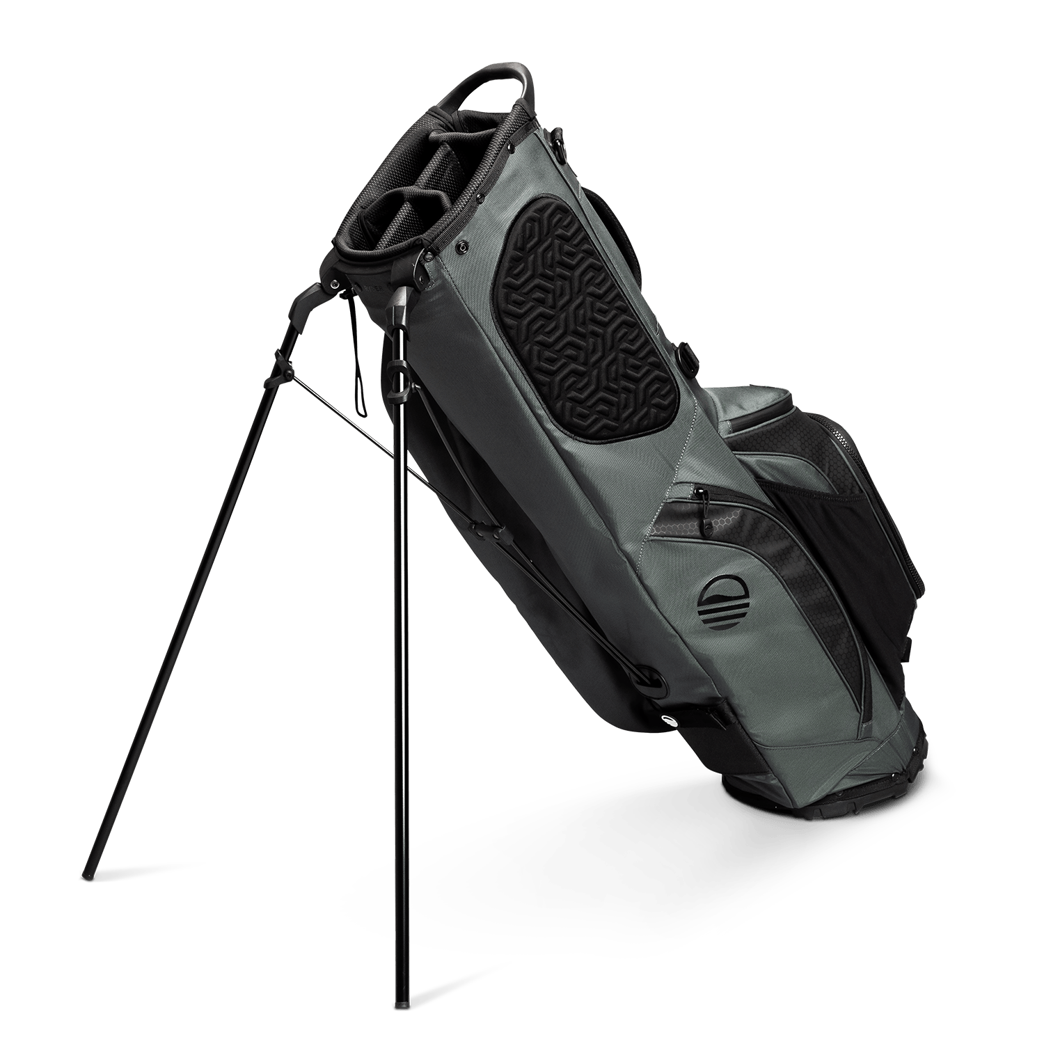 A full shot of standing Ryder golf bag in midnight green facing backward