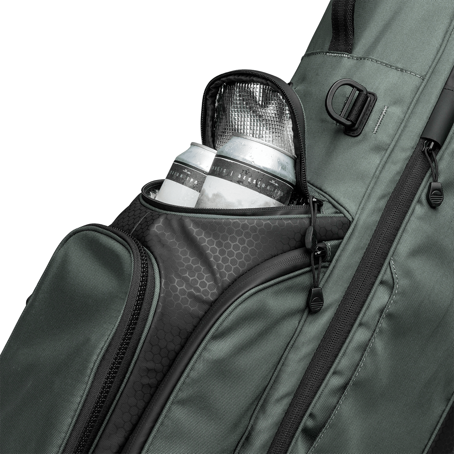A close up shot of midnight green Ryder golf bag's frosty pocket with canned drinks inside