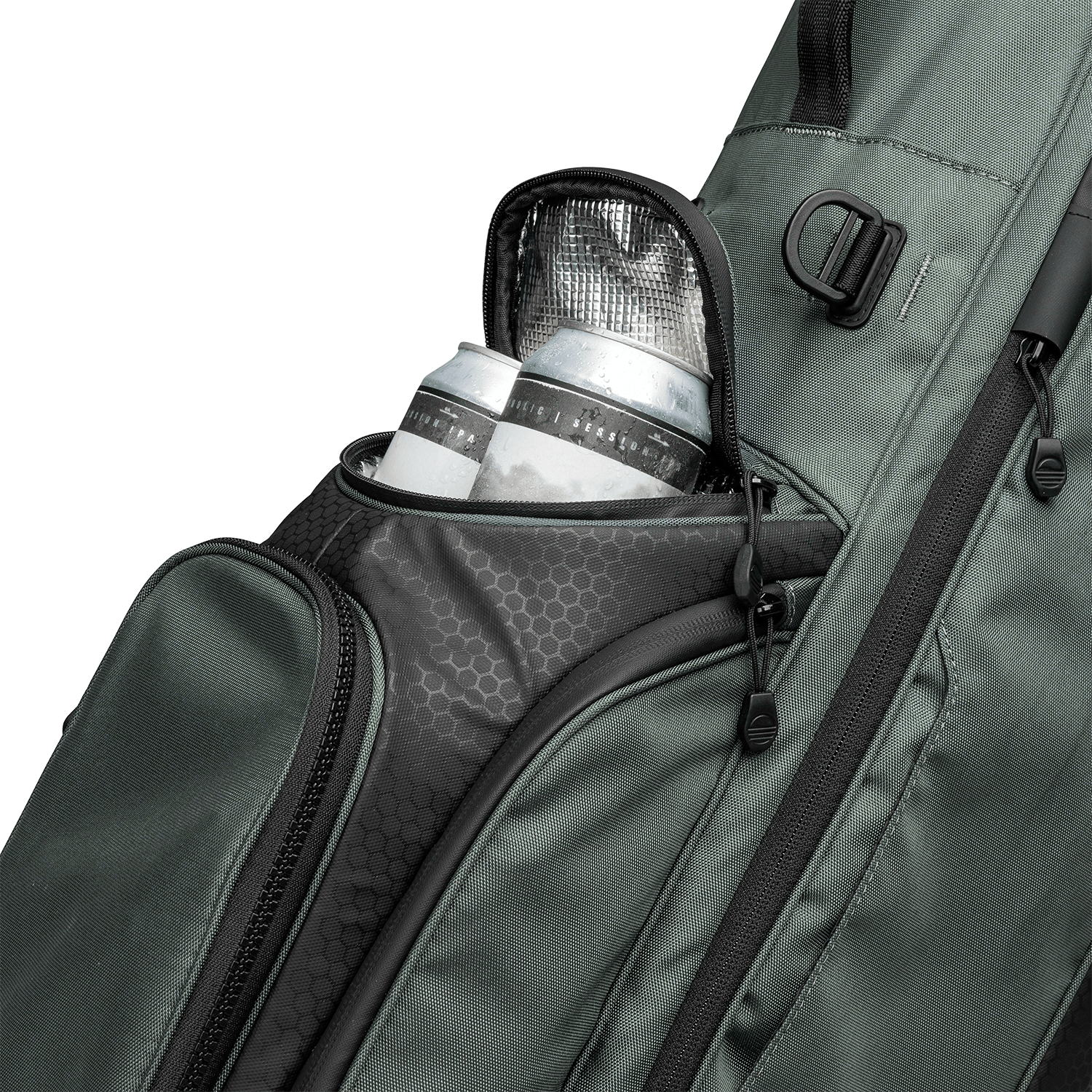 A close up shot of midnight green Ryder golf bag's frosty pocket with canned drinks inside